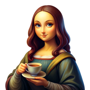 mona lisa is holding a tea cup, cute, cartoon, isolated, white background, highly detailed, expression on face