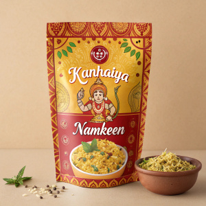 Eye-catching packaging design for Kanhaiya Namkeen. Vibrant illustration featuring a traditional Indian deity. Languages: Hindi and English. Detailed list of ingredients. Quality seal prominently displayed. Rich with Indian patterns and warm colors. Informative and visually appealing.