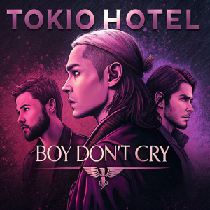 Movie poster for 'Boy Don't Cry' featuring Tokio Hotel. Dark, textured background with pink and purple hues. Prominent display of actor and band names. Digital art style with strong colors and a moody, dramatic aesthetic.
