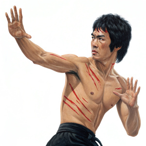 Oil painting of Bruce Lee. White background. Dynamic pose. Martial artist known for his expertise in kung fu. Hands extended. Red marks visible on his body.