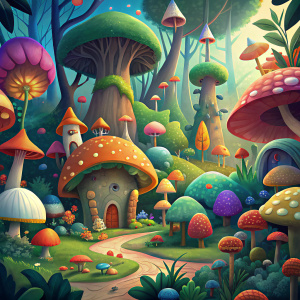 bosque magico ilustrado en caricatura infantil con hongos de colores y animales grandes