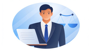 Lawyer online concept. Young guy with documents evaluates webpage for plagiarism. Protection of rights and legal support, court. Poster or banner for website. Cartoon flat vector illustration