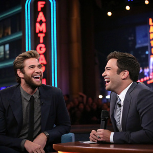 Liam Hemsworth and Jimmy Fallon laughing heartily on a talk show set. Studio audience present, neon lights in background.