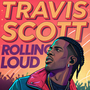 Travis Scott concert flyer for Rolling Loud. Vibrant colors, pop art style image of Travis Scott. Bold, easy-to-read text