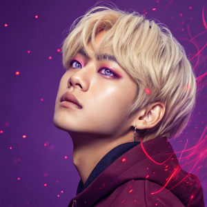 Close-up of Kim Taehyung from BTS, blonde hair, striking purple eyes. Against a vivid purple background with red particle effects.