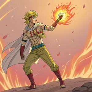 Golden-haired warrior from JoJo's Bizarre Adventure, with a flaming aura and an injured, partially torn skin, holding a fiery orb in a dynamic pose. Vibrant, fiery background.