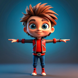 a front and left side t pose of a slim rocker style 3d character with clothes and cute facial features
