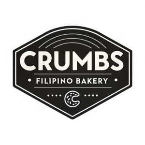 Digital illustration of Crumbs Filipino Bakery logo. Bold and modern graphic design. Black and white color scheme. Crumbs written in large font, Filipino Bakery in smaller font below. Focus on clean and recognizable typography.