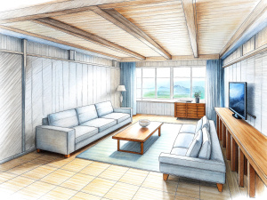 a sketch of a beautiful High-tech living room in pencil, a kitchen cabinet behind the white sofa, with minimal pictures on the wall, linen curtain next to the classroom window, coffee table, modern wood, ceiling with magnetic emissive lighting