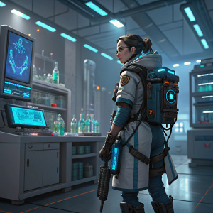 Ana, the renowned Overwatch medic, standing in a high-tech lab. Surrounded by advanced medical equipment and research materials.