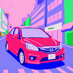 A sleek maroon Honda Brio Amaze in pristine condition, cruising down a bustling urban street. The cityscape is dotted with commercial buildings and a truck emblazoned with the BETAGRO logo.