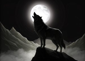 black wolf howling on a stone, in a high and realistic valley