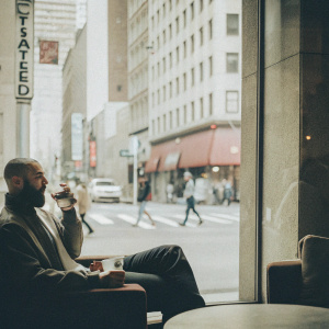 Karim Benzema, dressed in casual attire, hanging out at a trendy cafe. Urban cityscape background