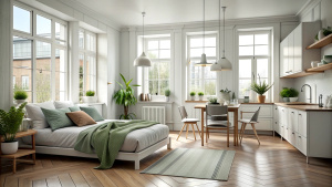 Scandinavian style small studio apartment with stylish design in light pastel colors with big window, living room, kitchen space and bed. 