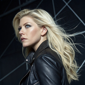 Katheryn Winnick, serious expression, voluminous platinum blonde hair, wearing a black leather jacket. Dark, minimalistic background with faint geometric patterns.