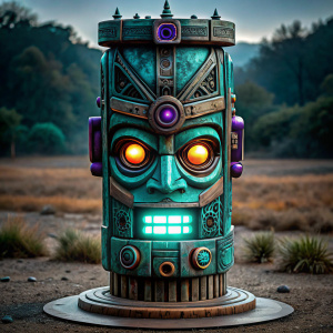 a futuristic geometric sculpted TOTEM POLE with PURPLE color eyes, photorealistic, unbalanced composition, asymmetrical, inhuman face as part of the TOTEM POLE  having the same color as the TOTEM POLE, futuristic, outdoor landscape, dirt in the floor, unsaturated, perfect eyes glowing, very rusty old metal TOTEM POLE, lots of scratches, spaceship light buttons on the TOTEM POLE