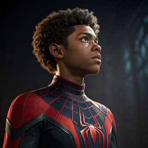 3D render of Miles Morales. Curly hair and intense gaze. Dark backdrop