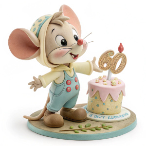 Handcrafted 1:1 scale Topo Gigio figurine, celebrating 60th anniversary. Characterized by whimsical cartoon appearance and joyful expression.