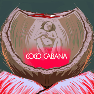 Coco Cabana's minimalist logo. Abstract figure in a nurturing pose. Brand name in soft, warm-toned font. Dark background