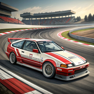 Illustration of CRX Mugen PRO.2. Racing track in background. Red and white design highlights