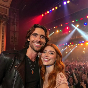 Tyson Ritter and Elena Satine smiling on stage at the Pantages Theatre event, surrounded by flashing lights and enthusiastic audience.