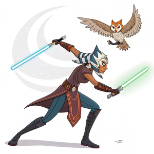 Digital art of Ahsoka Tano in action pose. Owl-like creature flying by. Fan art style, vibrant colors, modern and classic elements.