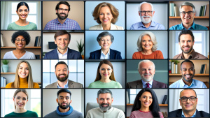 Team of people on an online conference call. Grid of webcam faces