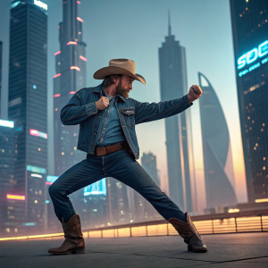 Chuck Norris, dressed in a cowboy hat, denim shirt, and boots, performing martial arts in a futuristic cityscape.