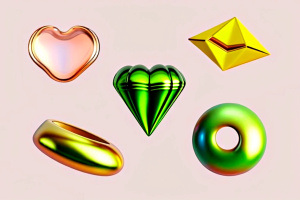 3d plastic collection lips, heart, bubble chat, letter, diamond, abstract shapes, liquid