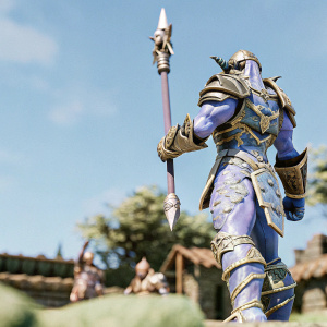 Zandalari Troll warrior, adorned in vibrant purple and gold armor, detailed with intricate designs, stands against a battlefield backdrop in World of Warcraft.