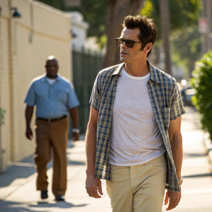 Johnny Knoxville in a casual outfit, walking on a sunny street. Serious-looking man and a blurred figure in the background. Natural lighting, photo from a film set.