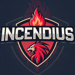 A bold logo design for Incendius featuring a blazing, fiery emblem in vibrant red hues. The brand name 'INCENDIUS' is displayed in large, sleek font above the graphic, exuding a modern, graphic and dynamic aesthetic.