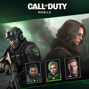Screenshot from Call of Duty Mobile. Game menu with various character avatars. Dark theme with green highlights. Character customization options. Game logo prominently displayed.