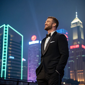 Justin Timberlake at the Trolls World Tour premiere, dressed in a black tuxedo. Background is neon-lit cityscape.