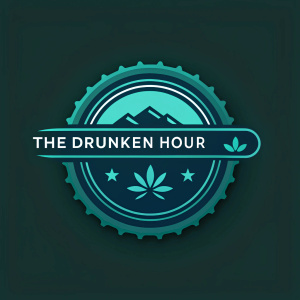 A sleek logo for "The Drunken Hour". Dark green and teal colors. Stylized shapes and a modern font. Tagline in smaller font underneath.