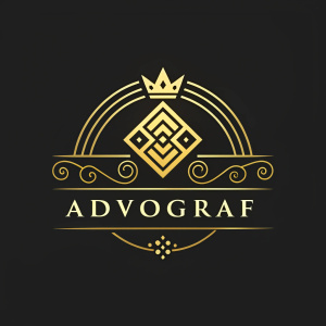 Digital illustration of the AdVograf logo. Stylized, geometric design in golden hue. Modern font with 'ADVOGRAF' below a crown-like element. Black background with golden accents. Simple yet impactful design.