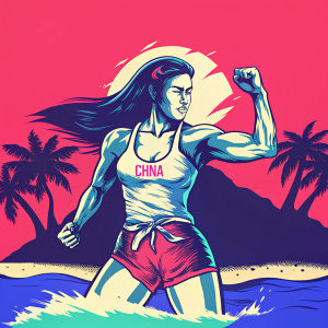 Illustration of a female fighter, Chun-Li inspired. Long dark hair, Asian ethnicity, muscular build, striking a powerful pose. White tank top and red shorts with 'CHINA' printed. Tropical island setting, digital artwork.