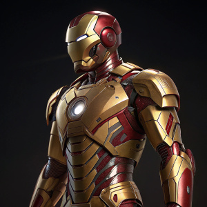 Advanced rendering of Iron Man's Mark 42 suit. High-tech gold armor with intricate detailing. Dark background highlights sleek design.