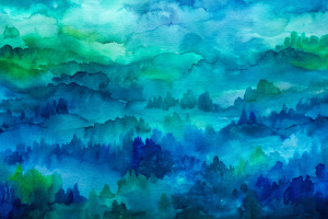 Paint a background using deep blue, teal, and seafoam green brushstrokes
