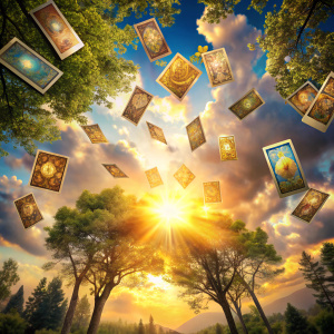 summer solstice  sky  trees tarot cards fly,  sun  soft  light, magic sun lights and rays