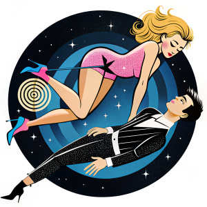 Surrealism storyboard manga page tranquilizer blowgun darts putting into a hypnotic sleep C C Catch and Kim Basinger 1980s in pantyhose package