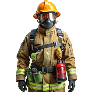 Crea el uniforme de un bombero forestal de la BRIF, que lleve a la  cintura una cantimplora de agua, en la cabeza el casco, en las manos guantes, y a su lado varias herramientas que le ayudan a apagar el fuego en el monte