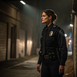 Missy Peregrym dressed as Andy McNally, in a police uniform, standing alone in a dimly lit alleyway.