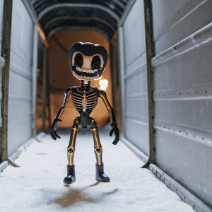 3D render of a skeletal character from Bendy and the Ink Machine. Dimly lit, narrow corridor with metallic walls and floor. Character stands in a dynamic pose, illuminated by a warm, orange glow.