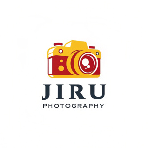 Modern, sleek logo for a photography business named 'Jiru Photography'. The design features a camera icon in vibrant yellow and red hues, with the business name written boldly below. The overall layout is clean and professional, perfect for attracting clients.