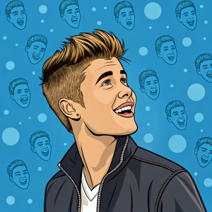 Cartoon depiction of Justin Bieber, blue backdrop filled with his face in various sizes