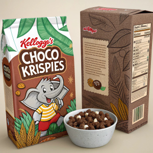 Creative ad featuring Kellogg's Choco Krispis. Elephant mascot, brown packaging. Spanish and English text. Front and back view of snack.