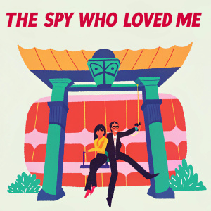 Dynamic vintage-style illustration for 'The Spy Who Loved Me' film poster. Main characters amidst a large ornate structure. Vibrant color palette with red, orange, green, and blue. Action-packed scene featuring actors and director names.