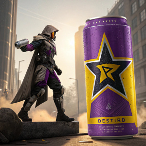 Rockstar Energy Drink's promotional poster showcasing a Destiny 2 character. The can and box design are highlighted in a vibrant purple and yellow color scheme with a star emblem. Set against a gritty, urban backdrop.