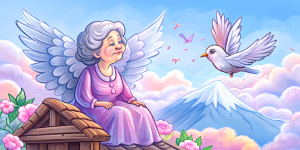 angel granny sitting on the top of  wooden hut, forest field near the flowers, mountain and forest at the back, there are clouds and sun in the sky, birds are on the trees,  the edge of the forest, (line sketch style), 7k